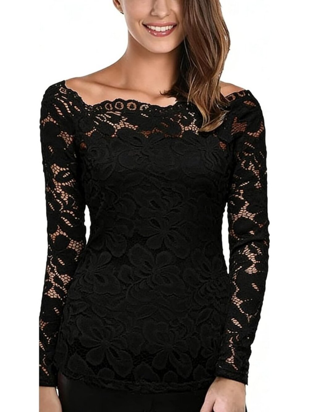Lace Off-Shoulder Floral Blouse for Women, Fitted 7/8 Sleeve Top, Stylish Chic